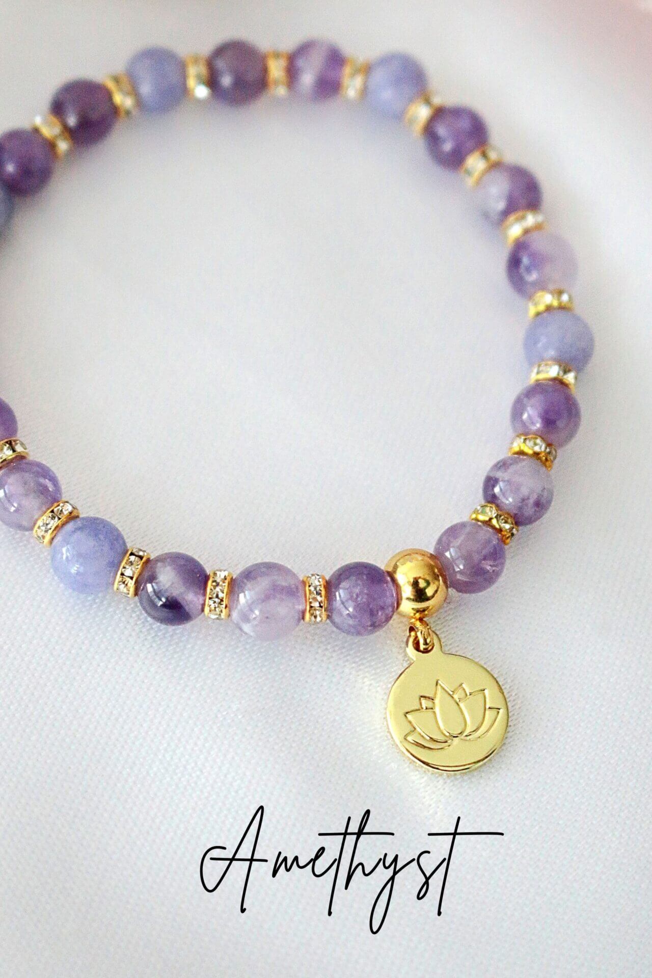 Rose Quartz – Amethyst Elastic Bracelet | 24K Lotus Flower Charm