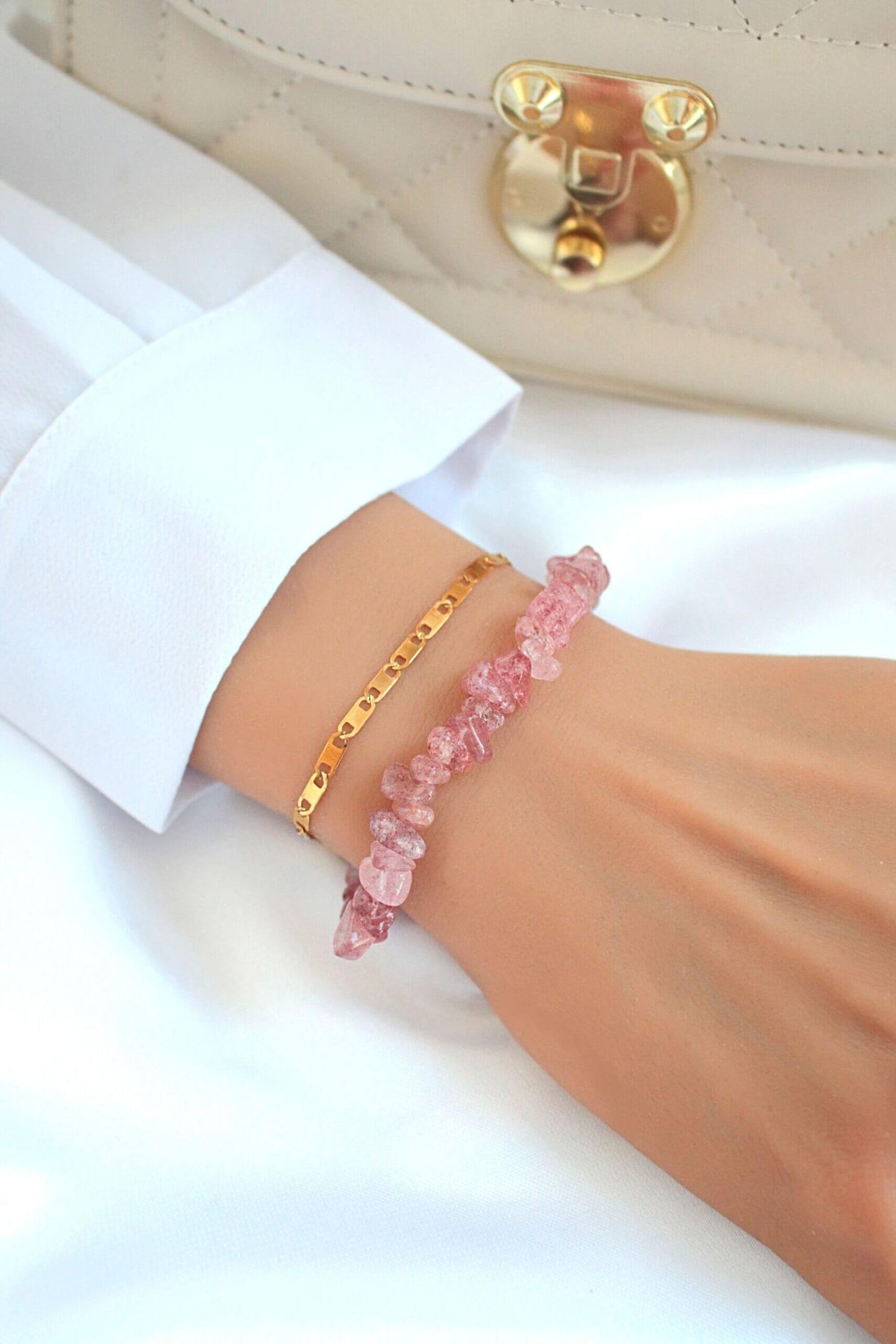 Strawberry Quartz & 24 Karats Double-Layered Bracelet