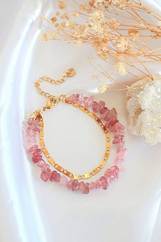 Strawberry Quartz & 24 Karats Double-Layered Bracelet