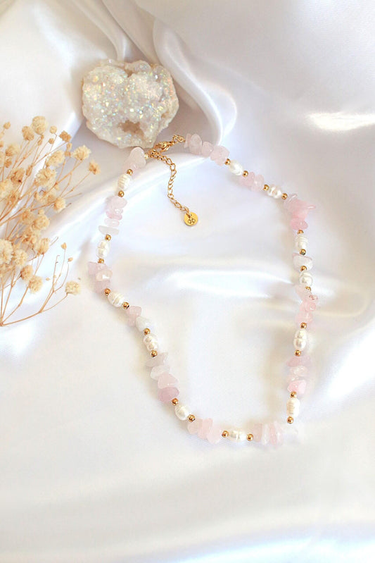 Natural Rose Quartz Crystal & Freshwater Pearls Choker