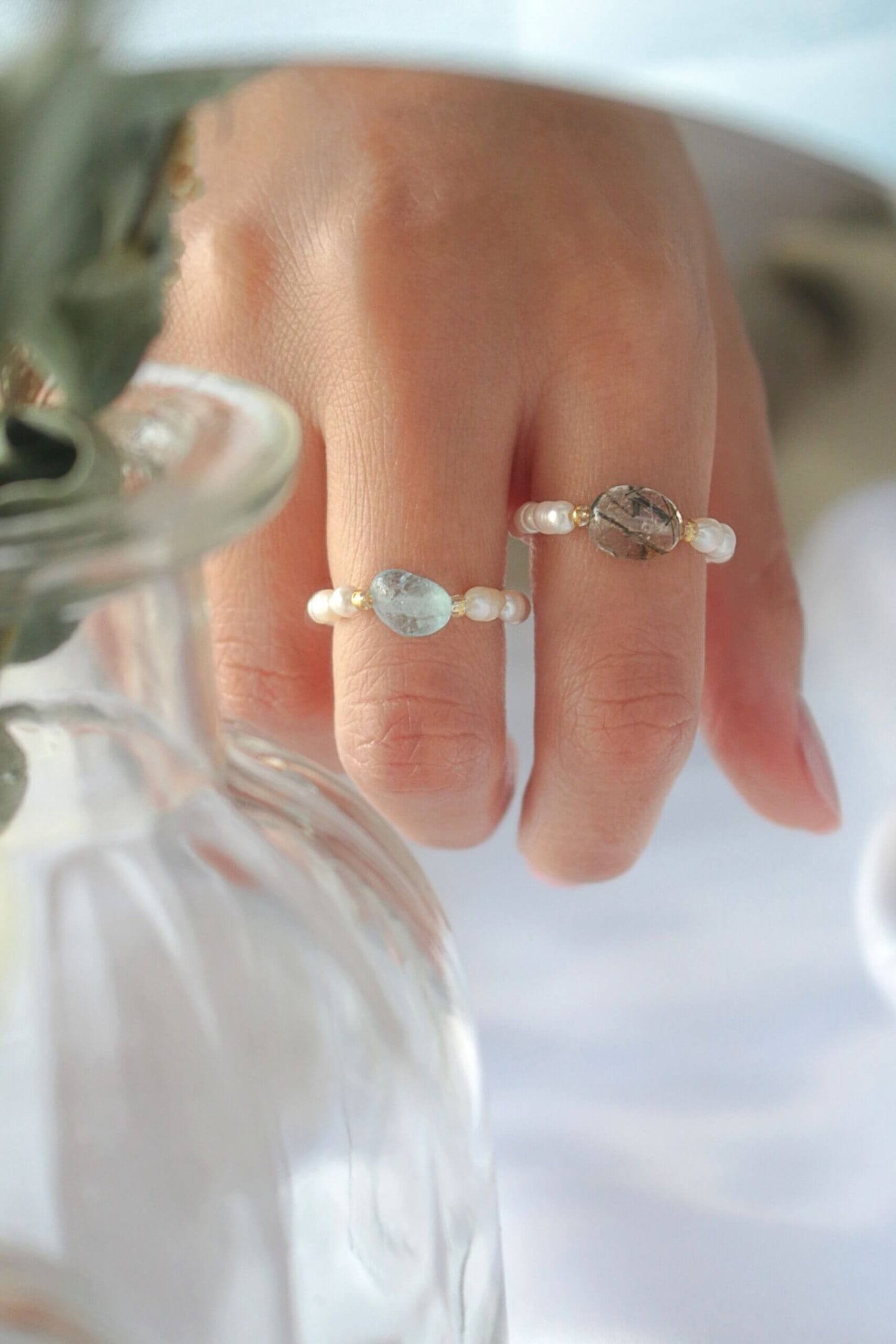 Elastic Rings with Natural Crystals & Freshwater Pearls